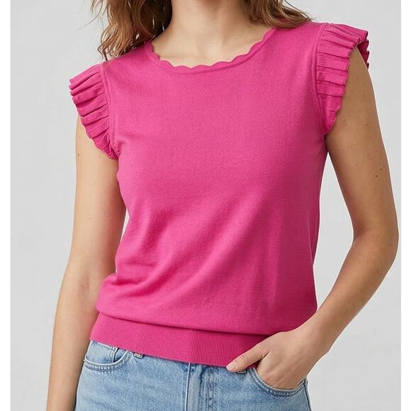 Ann Taylor LOFT Outlet Small Pink Cap Sleeve Ruffle Sweater Scallop Neckline - Picture 8 of 10